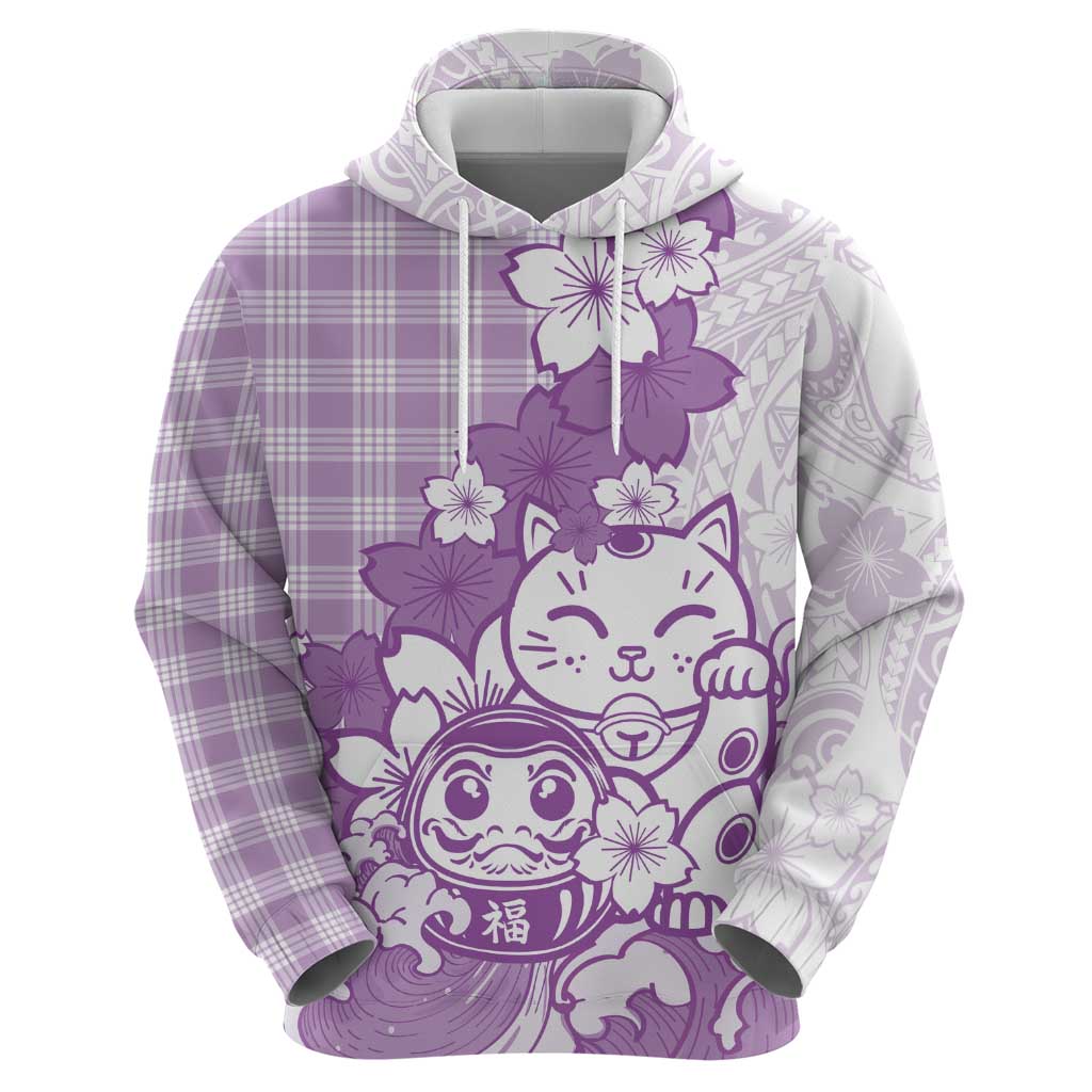 Purple Palaka Hawaiian And Japanese Hoodie Maneki Neko And Sakura Bloom DT05 - Polynesian Pride
