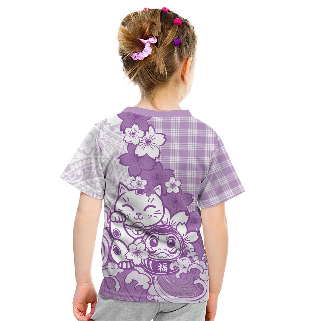 Purple Palaka Hawaiian And Japanese Kid T Shirt Maneki Neko And Sakura Bloom DT05 - Polynesian Pride