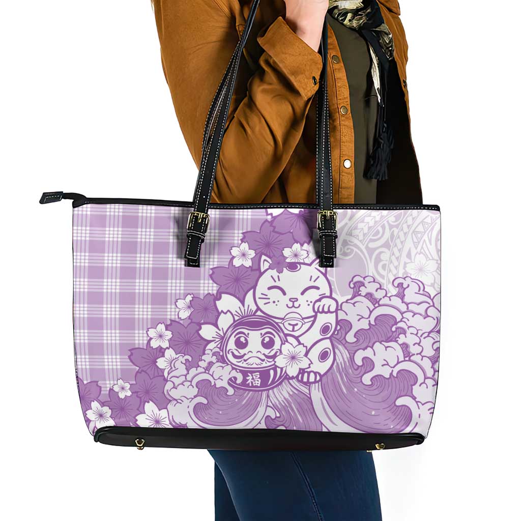 Purple Palaka Hawaiian And Japanese Leather Tote Bag Maneki Neko And Sakura Bloom DT05 - Polynesian Pride