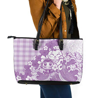 Purple Palaka Hawaiian And Japanese Leather Tote Bag Maneki Neko And Sakura Bloom DT05 - Polynesian Pride