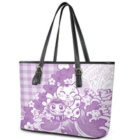 Purple Palaka Hawaiian And Japanese Leather Tote Bag Maneki Neko And Sakura Bloom DT05 - Polynesian Pride