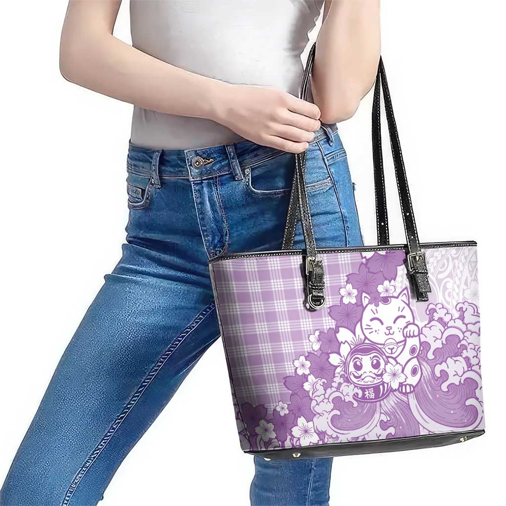 Purple Palaka Hawaiian And Japanese Leather Tote Bag Maneki Neko And Sakura Bloom DT05 - Polynesian Pride
