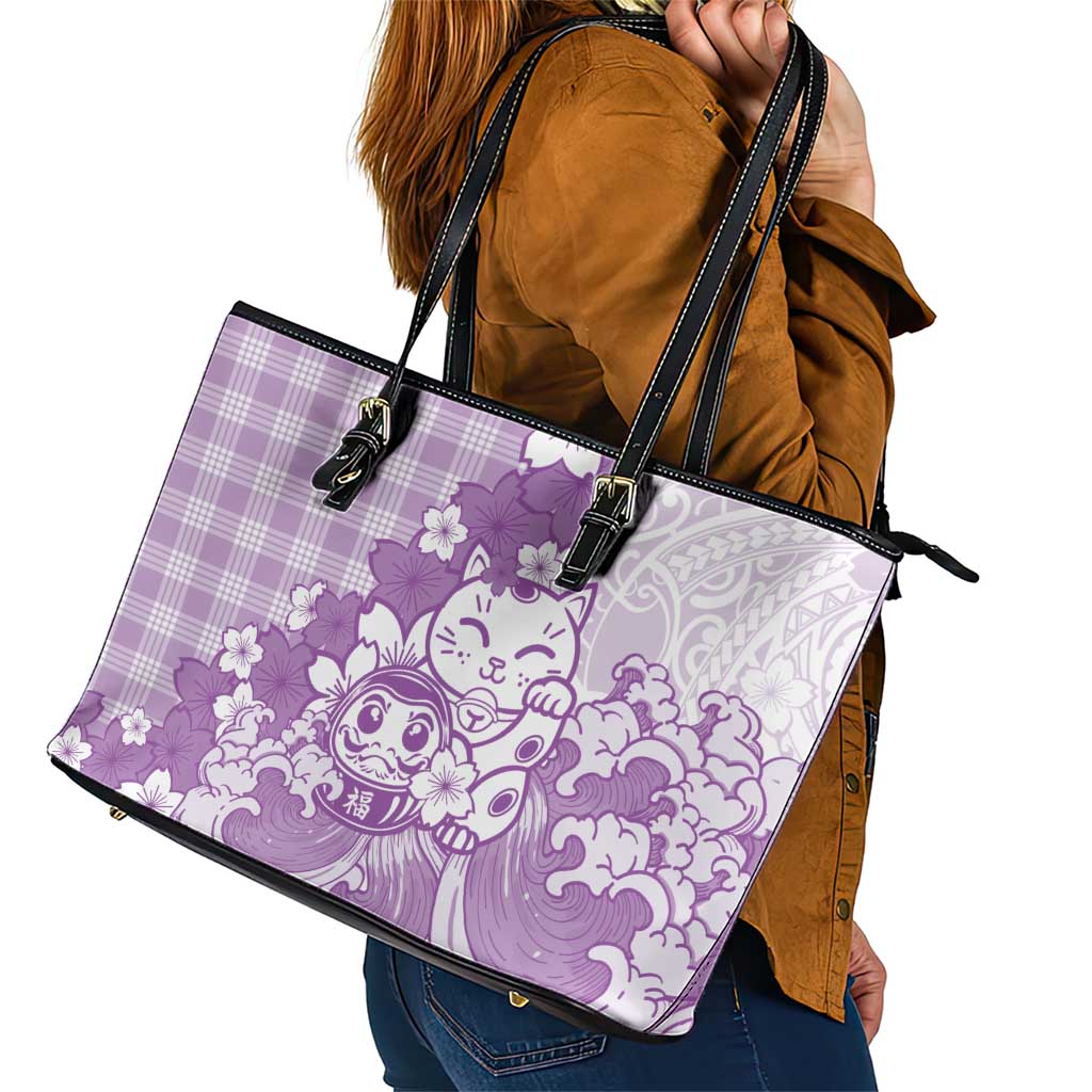 Purple Palaka Hawaiian And Japanese Leather Tote Bag Maneki Neko And Sakura Bloom DT05 - Polynesian Pride
