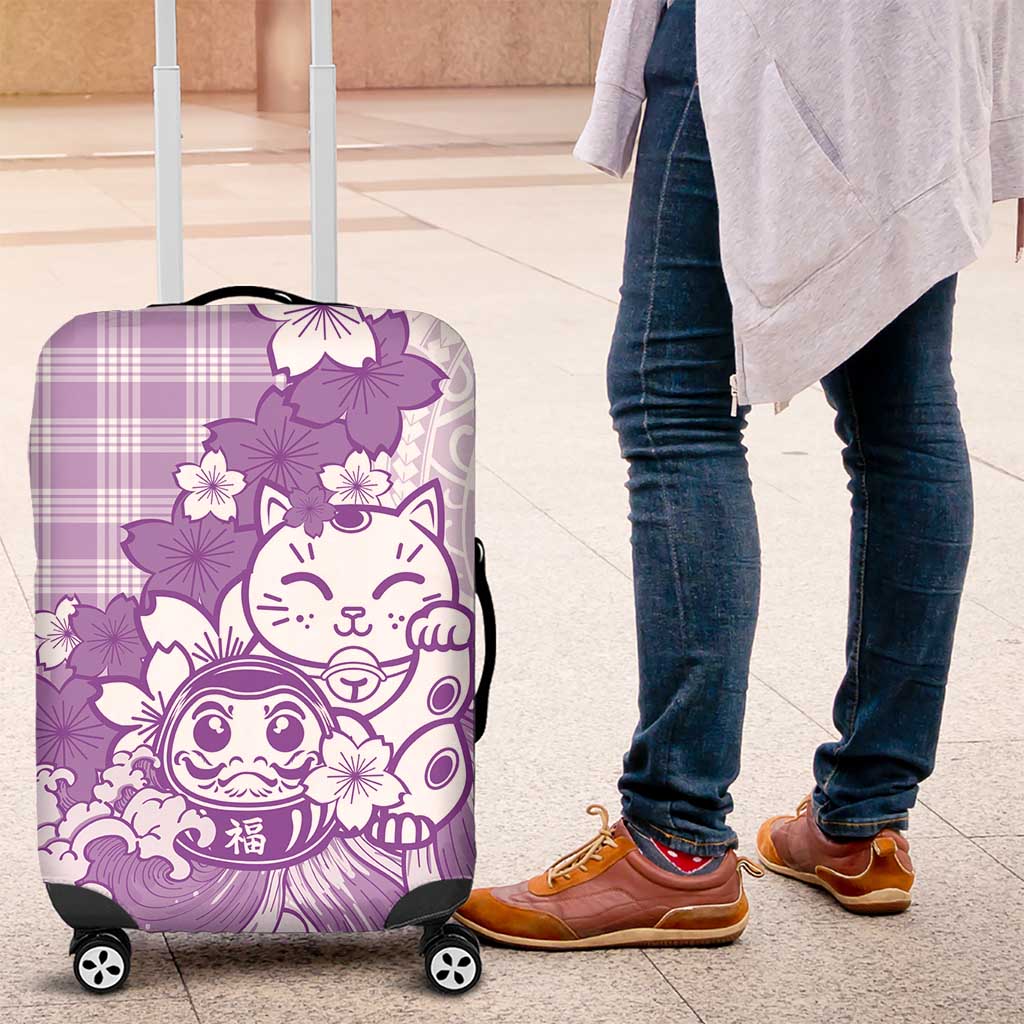 Purple Palaka Hawaiian And Japanese Luggage Cover Maneki Neko And Sakura Bloom