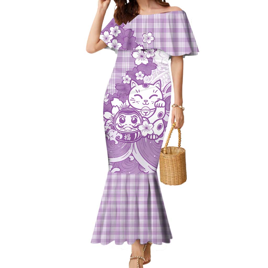 Purple Palaka Hawaiian And Japanese Mermaid Dress Maneki Neko And Sakura Bloom DT05 Women Purple - Polynesian Pride