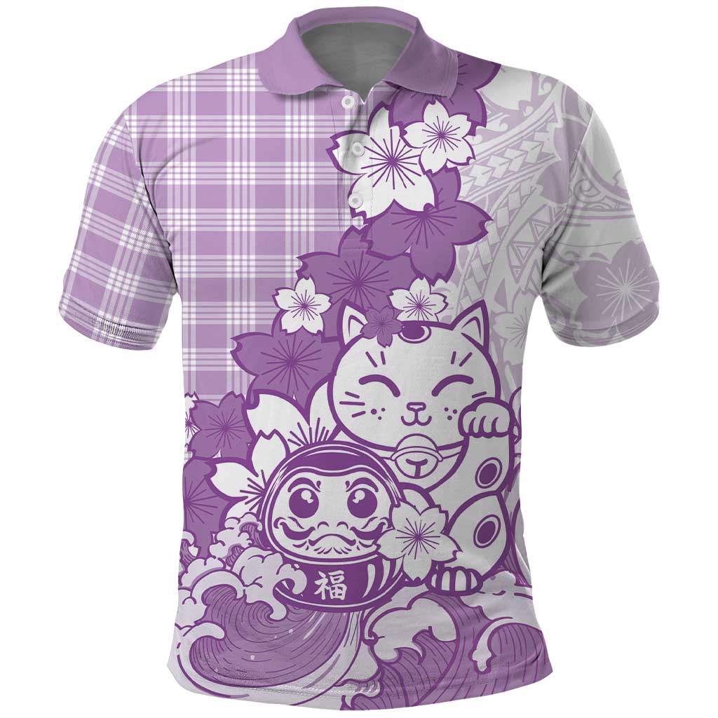 Purple Palaka Hawaiian And Japanese Polo Shirt Maneki Neko And Sakura Bloom