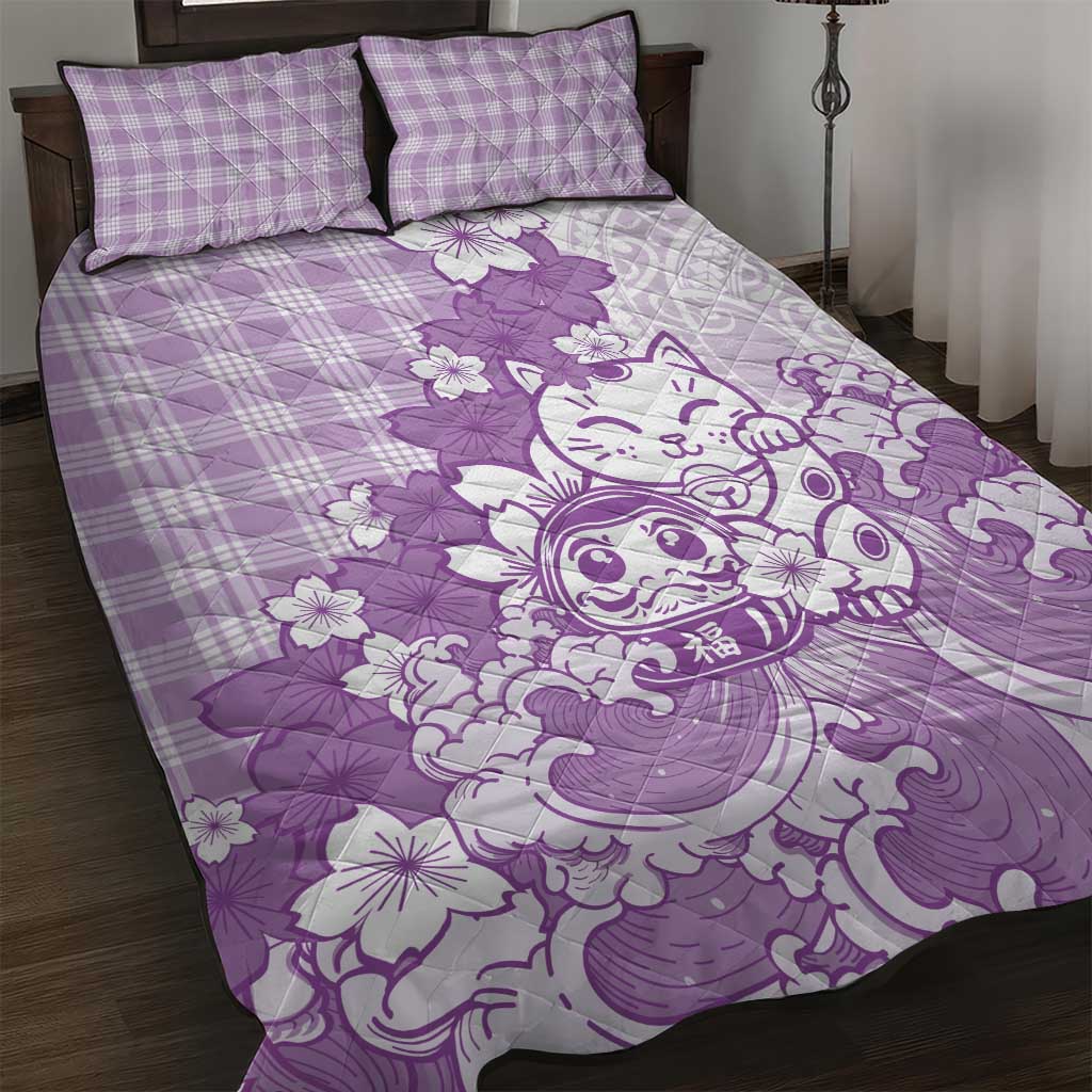 Purple Palaka Hawaiian And Japanese Quilt Bed Set Maneki Neko And Sakura Bloom