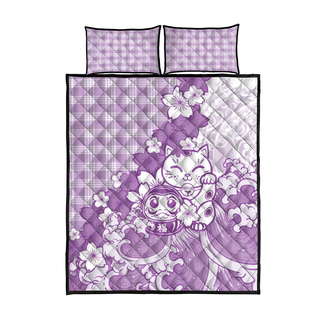 Purple Palaka Hawaiian And Japanese Quilt Bed Set Maneki Neko And Sakura Bloom