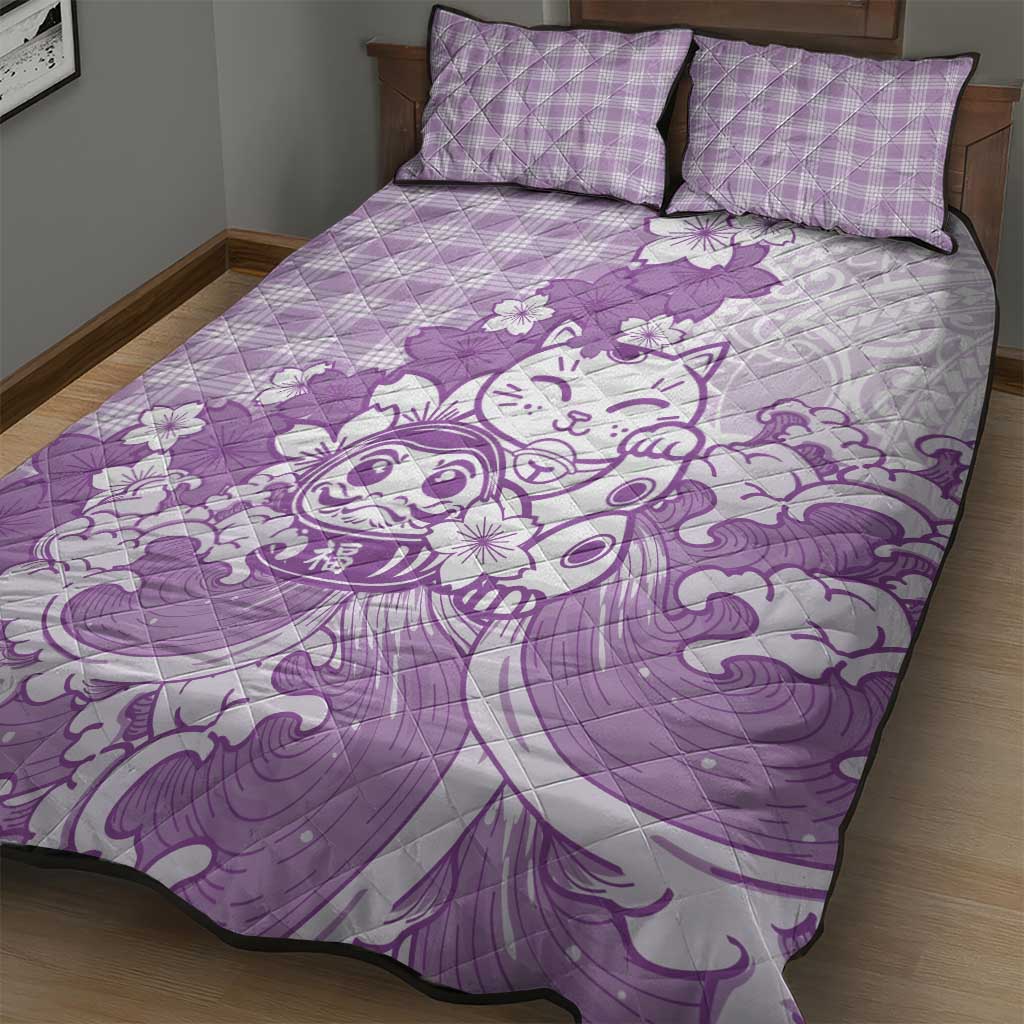Purple Palaka Hawaiian And Japanese Quilt Bed Set Maneki Neko And Sakura Bloom