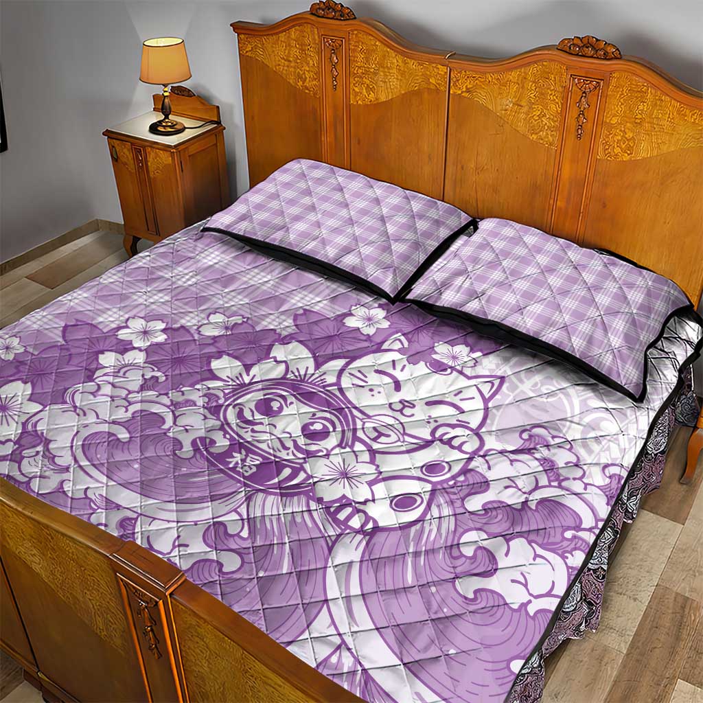 Purple Palaka Hawaiian And Japanese Quilt Bed Set Maneki Neko And Sakura Bloom