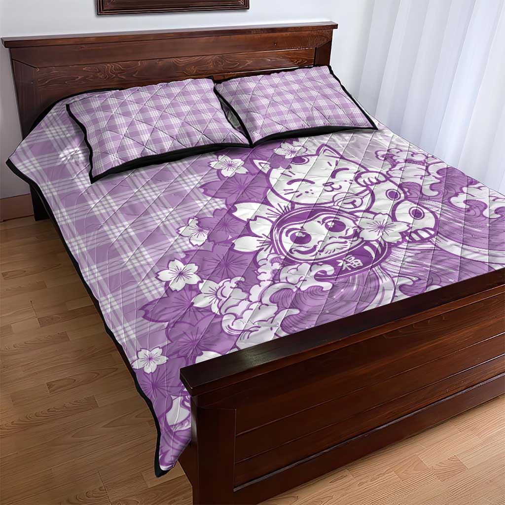 Purple Palaka Hawaiian And Japanese Quilt Bed Set Maneki Neko And Sakura Bloom
