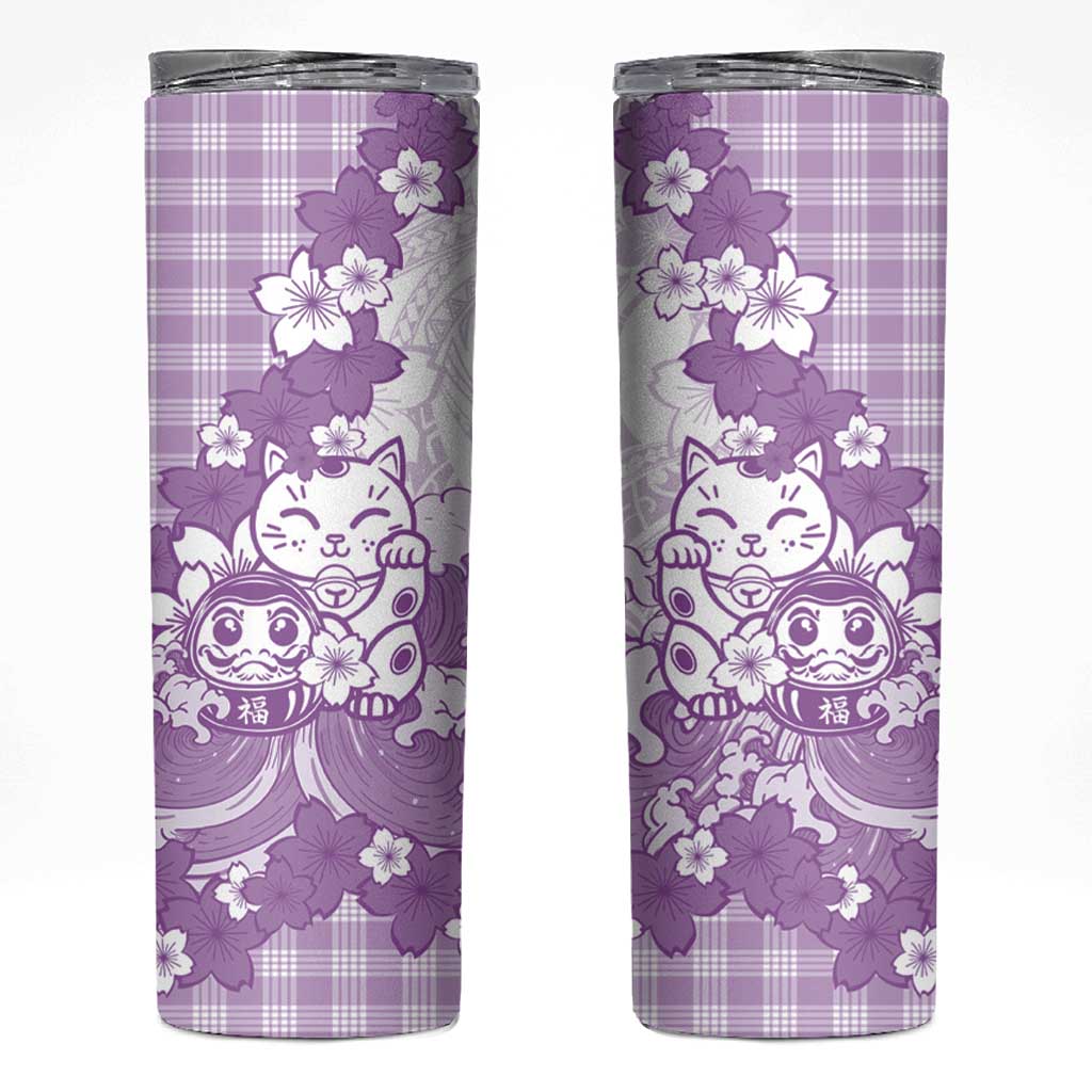 Purple Palaka Hawaiian And Japanese Skinny Tumbler Maneki Neko And Sakura Bloom