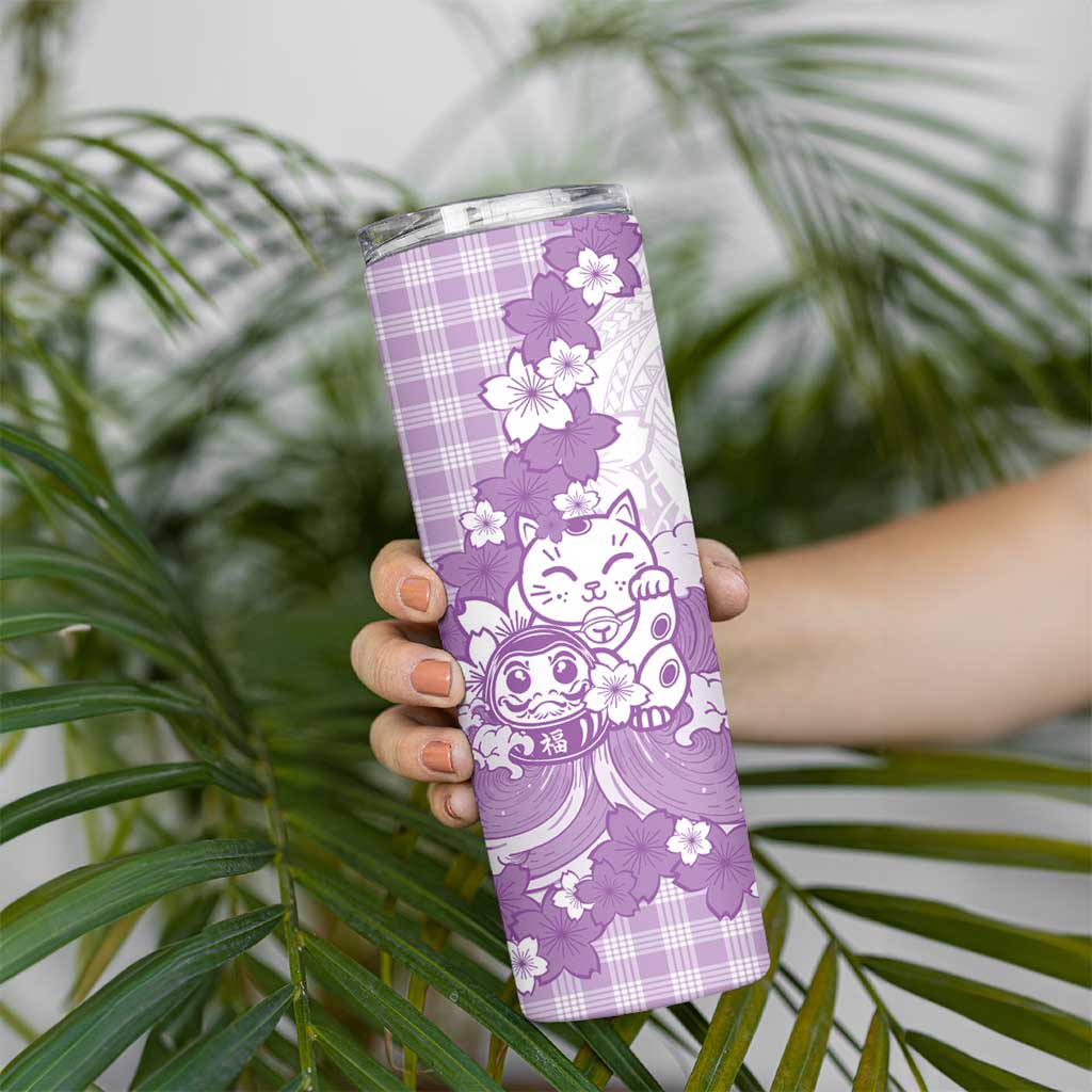 Purple Palaka Hawaiian And Japanese Skinny Tumbler Maneki Neko And Sakura Bloom