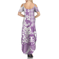 Purple Palaka Hawaiian And Japanese Summer Maxi Dress Maneki Neko And Sakura Bloom DT05 - Polynesian Pride