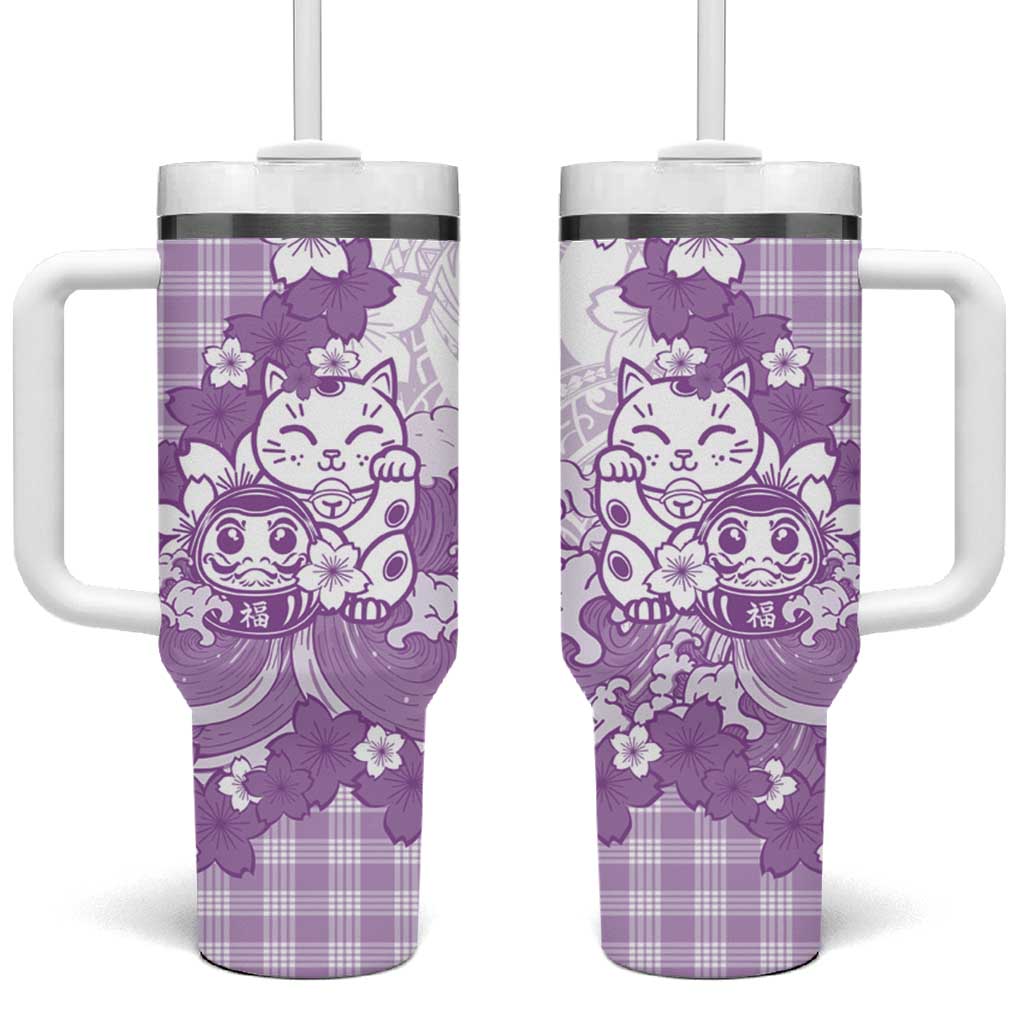 Purple Palaka Hawaiian And Japanese Tumbler With Handle Maneki Neko And Sakura Bloom