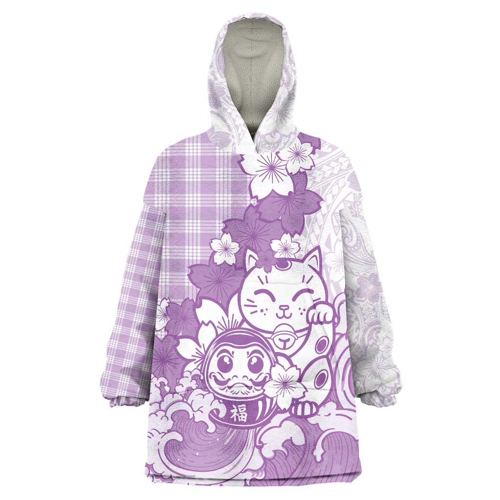 Purple Palaka Hawaiian And Japanese Wearable Blanket Hoodie Maneki Neko And Sakura Bloom DT05 One Size Purple - Polynesian Pride