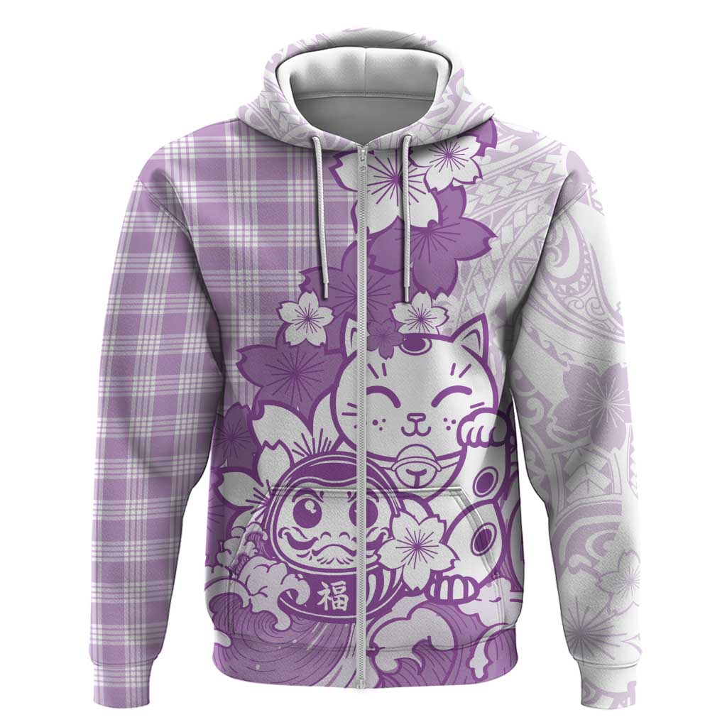 Purple Palaka Hawaiian And Japanese Zip Hoodie Maneki Neko And Sakura Bloom DT05 Zip Hoodie Purple - Polynesian Pride