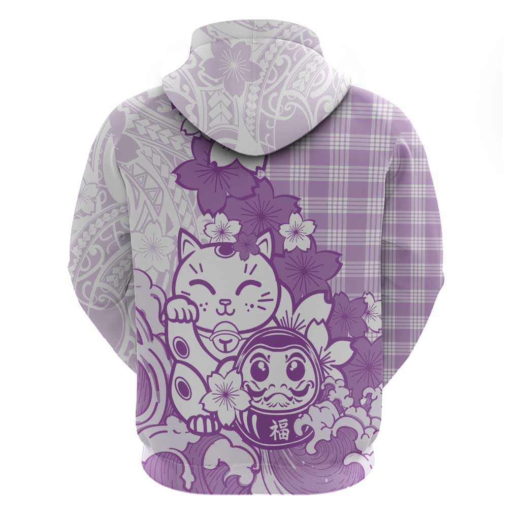 Purple Palaka Hawaiian And Japanese Zip Hoodie Maneki Neko And Sakura Bloom DT05 - Polynesian Pride