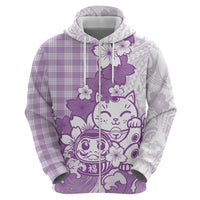 Purple Palaka Hawaiian And Japanese Zip Hoodie Maneki Neko And Sakura Bloom DT05 - Polynesian Pride