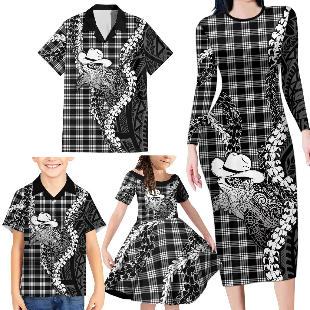 Black Hawaii Palaka Cowboy Turtle Family Matching Long Sleeve Bodycon Dress and Hawaiian Shirt Hawaiian Paniolo Puakenikeni Maile Lei