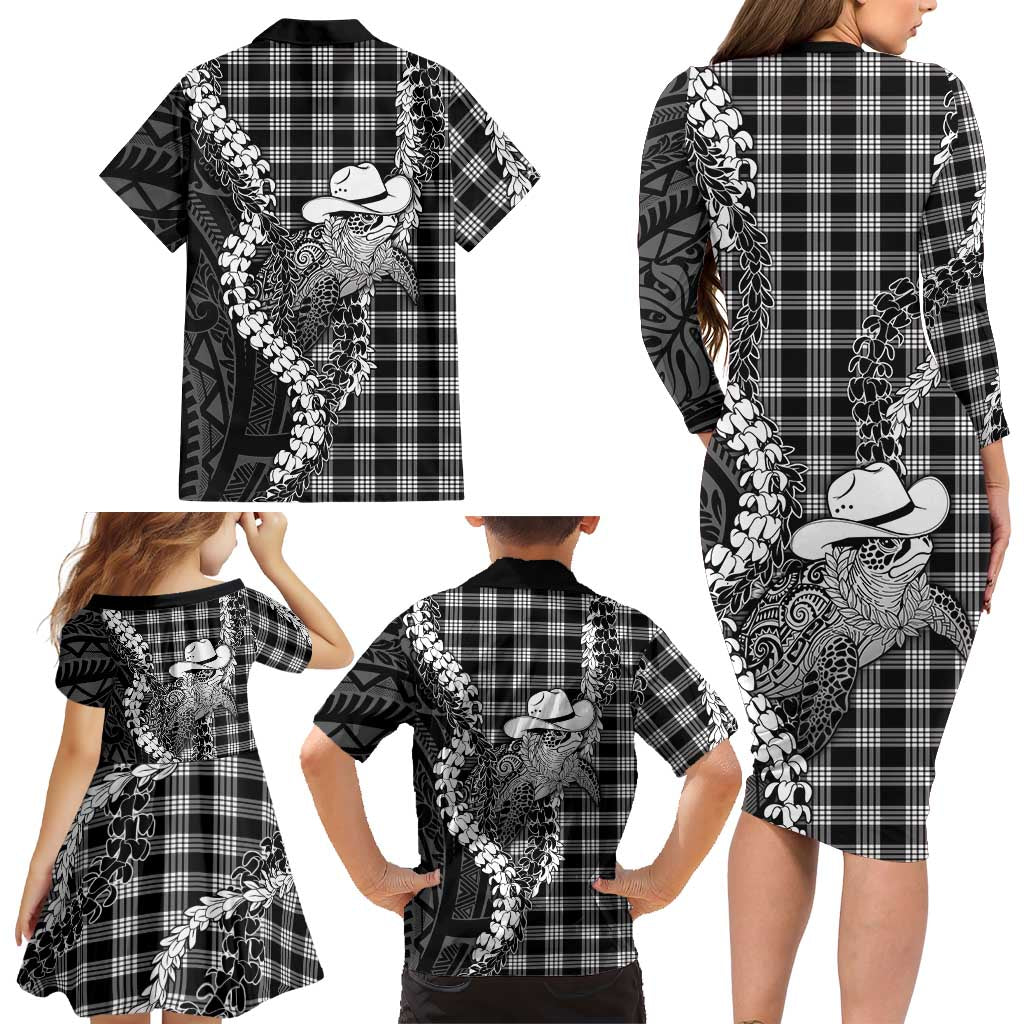Black Hawaii Palaka Cowboy Turtle Family Matching Long Sleeve Bodycon Dress and Hawaiian Shirt Hawaiian Paniolo Puakenikeni Maile Lei