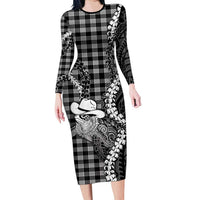 Black Hawaii Palaka Cowboy Turtle Family Matching Long Sleeve Bodycon Dress and Hawaiian Shirt Hawaiian Paniolo Puakenikeni Maile Lei