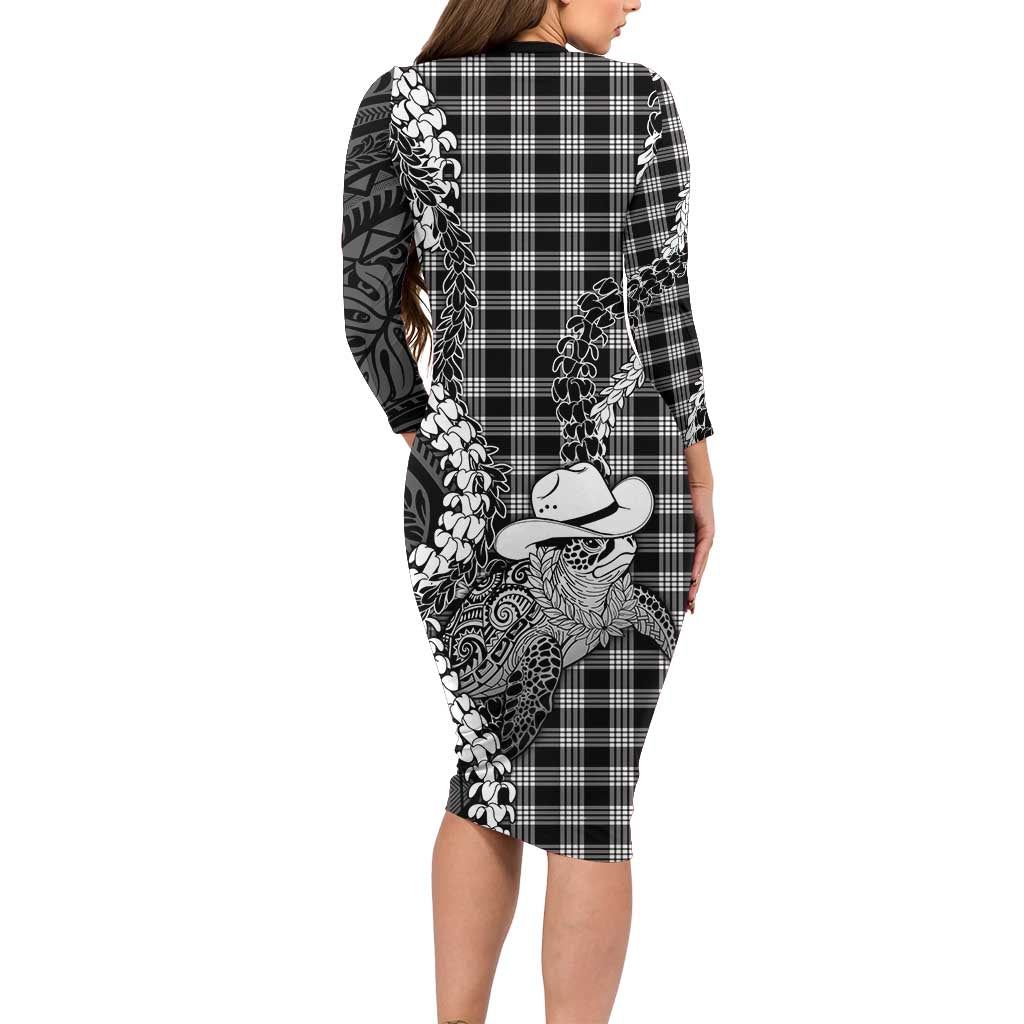 Black Hawaii Palaka Cowboy Turtle Family Matching Long Sleeve Bodycon Dress and Hawaiian Shirt Hawaiian Paniolo Puakenikeni Maile Lei