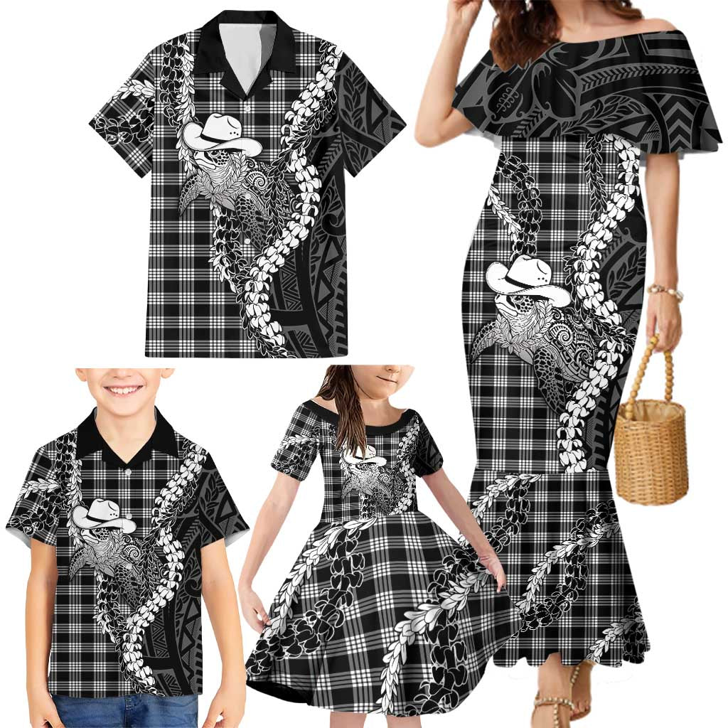 Black Hawaii Palaka Cowboy Turtle Family Matching Mermaid Dress and Hawaiian Shirt Hawaiian Paniolo Puakenikeni Maile Lei