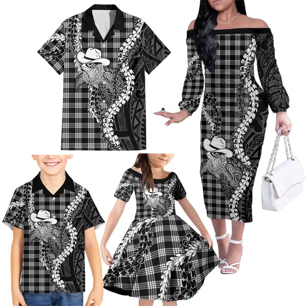 Black Hawaii Palaka Cowboy Turtle Family Matching Off The Shoulder Long Sleeve Dress and Hawaiian Shirt Hawaiian Paniolo Puakenikeni Maile Lei DT05 - Polynesian Pride