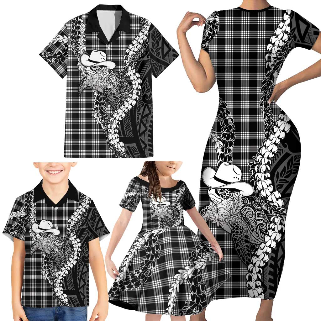 Black Hawaii Palaka Cowboy Turtle Family Matching Short Sleeve Bodycon Dress and Hawaiian Shirt Hawaiian Paniolo Puakenikeni Maile Lei