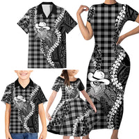 Black Hawaii Palaka Cowboy Turtle Family Matching Short Sleeve Bodycon Dress and Hawaiian Shirt Hawaiian Paniolo Puakenikeni Maile Lei