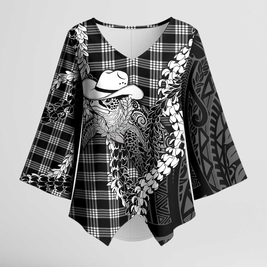 Black Hawaii Palaka Cowboy Turtle Kimono Sleeve Blouse Hawaiian Paniolo Puakenikeni Maile Lei DT05 Female Black - Polynesian Pride