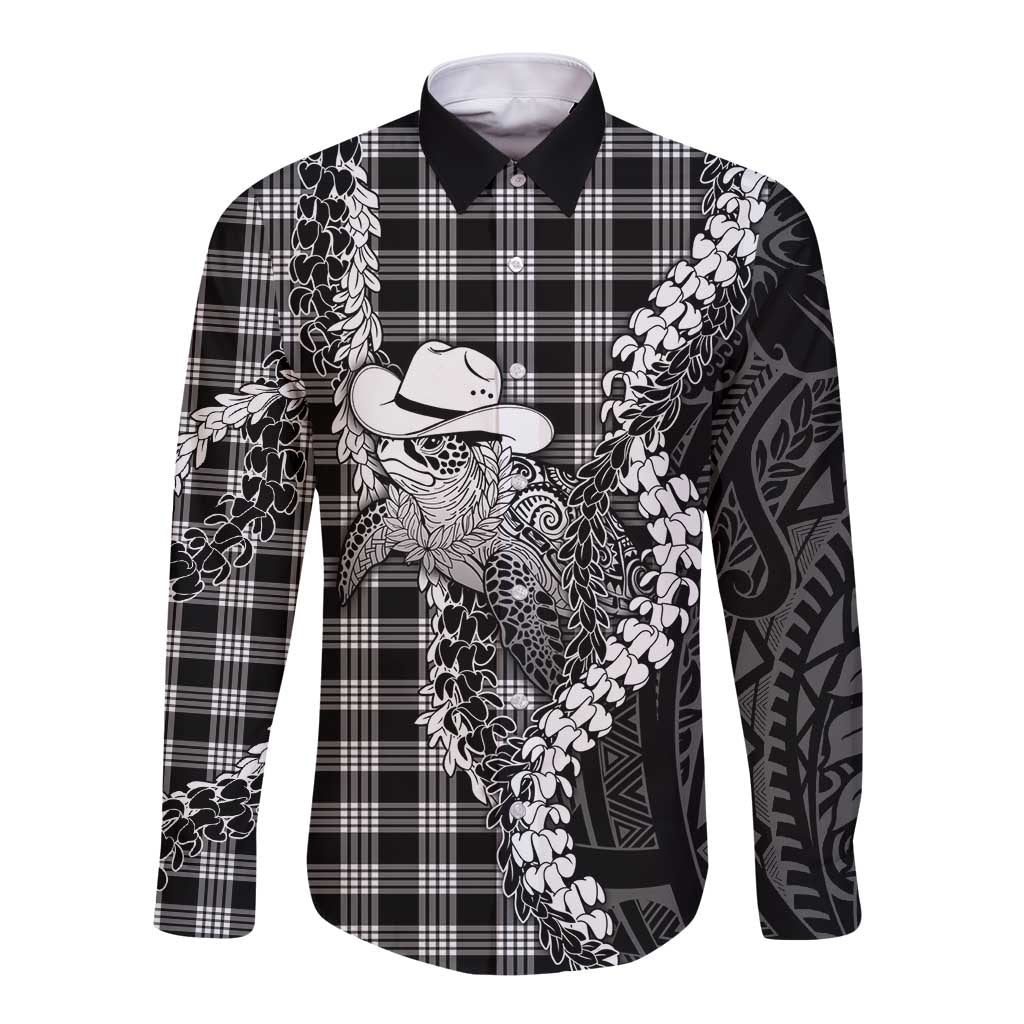 Black Hawaii Palaka Cowboy Turtle Long Sleeve Button Shirt Hawaiian Paniolo Puakenikeni Maile Lei DT05 Unisex Black - Polynesian Pride