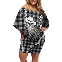 Black Hawaii Palaka Cowboy Turtle Off Shoulder Short Dress Hawaiian Paniolo Puakenikeni Maile Lei