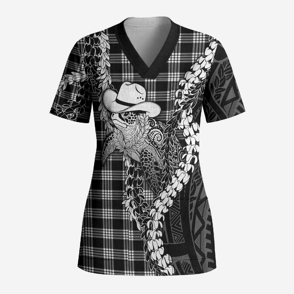 Black Hawaii Palaka Cowboy Turtle Scrub Top Hawaiian Paniolo Puakenikeni Maile Lei DT05 Adult Black - Polynesian Pride