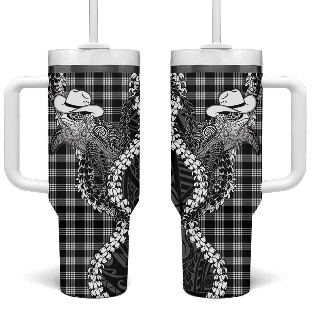 Black Hawaii Palaka Cowboy Turtle Tumbler With Handle Hawaiian Paniolo Puakenikeni Maile Lei