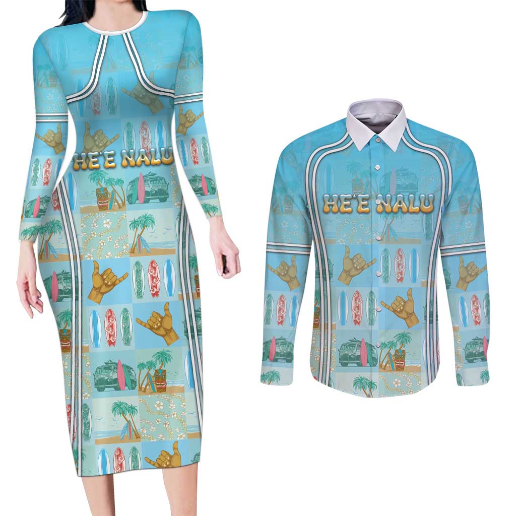 Custom Hawaii Surfing Couples Matching Long Sleeve Bodycon Dress and Long Sleeve Button Shirt He'e Nalu DT05 Blue - Polynesian Pride