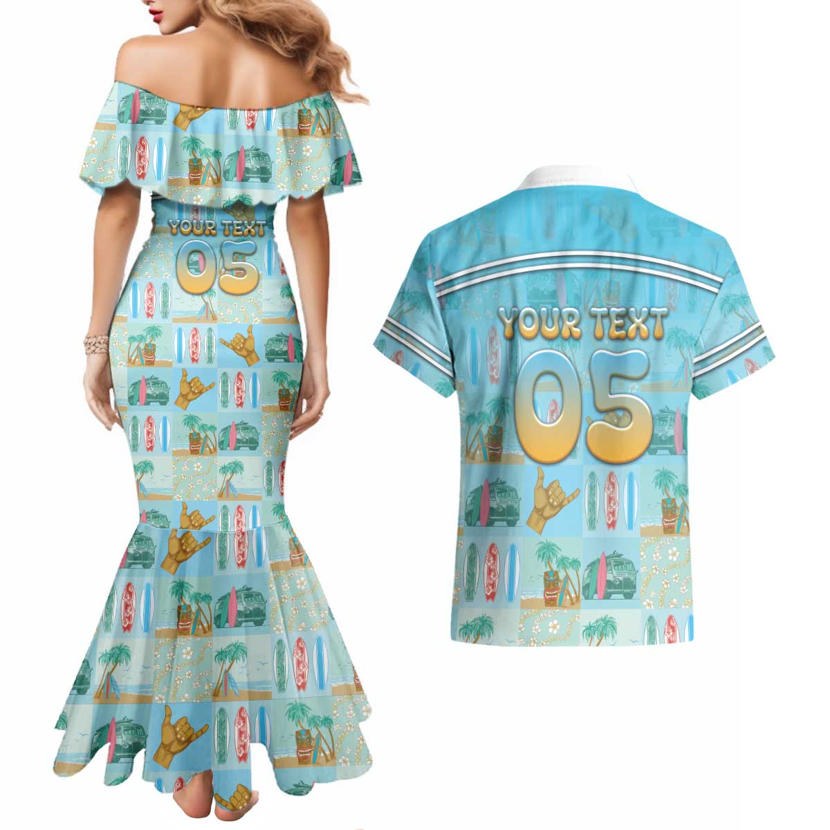 Custom Hawaii Surfing Couples Matching Mermaid Dress and Hawaiian Shirt He'e Nalu