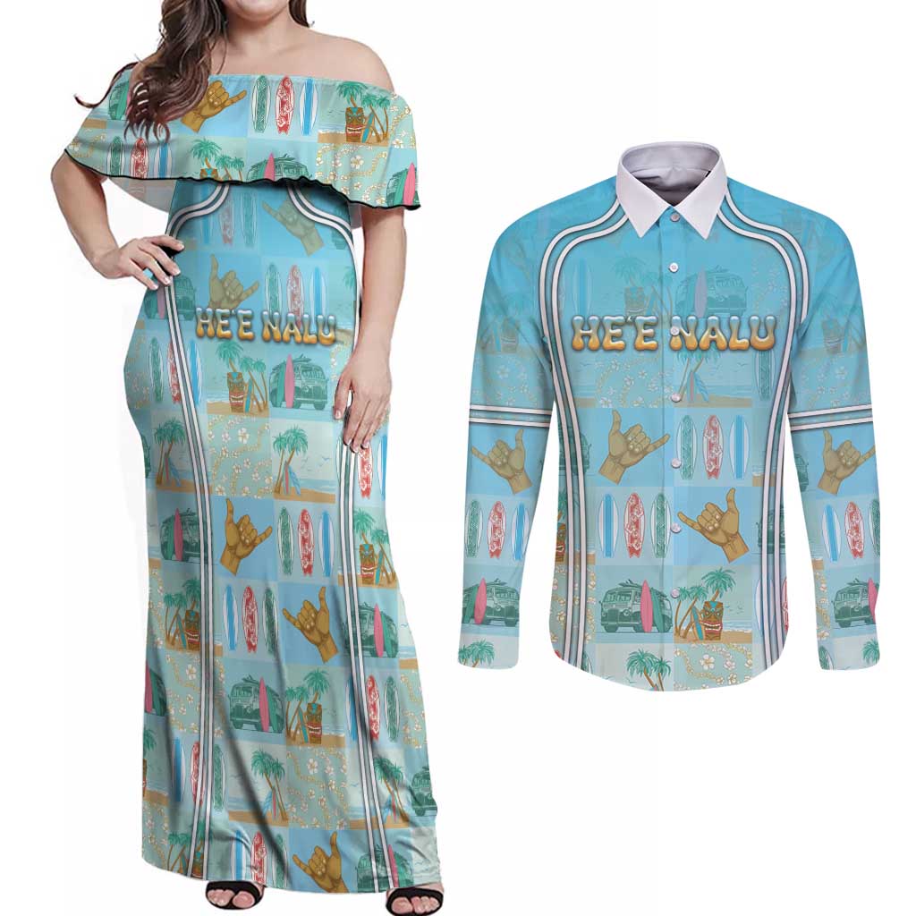 Custom Hawaii Surfing Couples Matching Off Shoulder Maxi Dress and Long Sleeve Button Shirt He'e Nalu