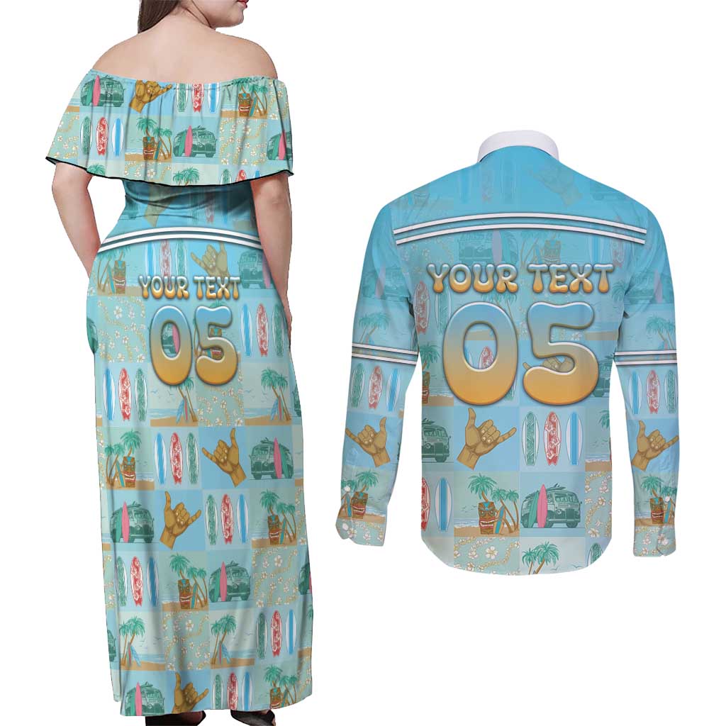 Custom Hawaii Surfing Couples Matching Off Shoulder Maxi Dress and Long Sleeve Button Shirt He'e Nalu DT05 - Polynesian Pride
