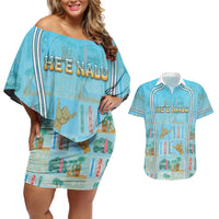 Custom Hawaii Surfing Couples Matching Off Shoulder Short Dress and Hawaiian Shirt He'e Nalu DT05 Blue - Polynesian Pride