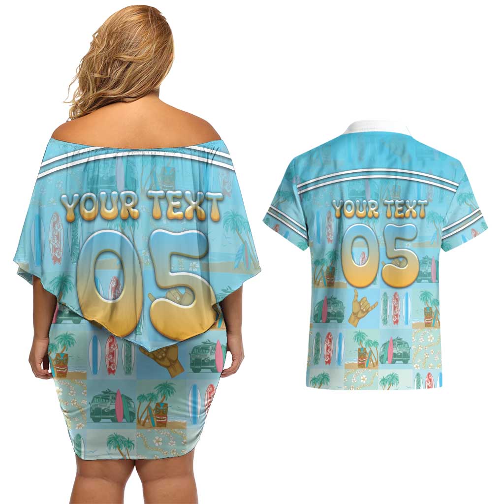 Custom Hawaii Surfing Couples Matching Off Shoulder Short Dress and Hawaiian Shirt He'e Nalu DT05 - Polynesian Pride