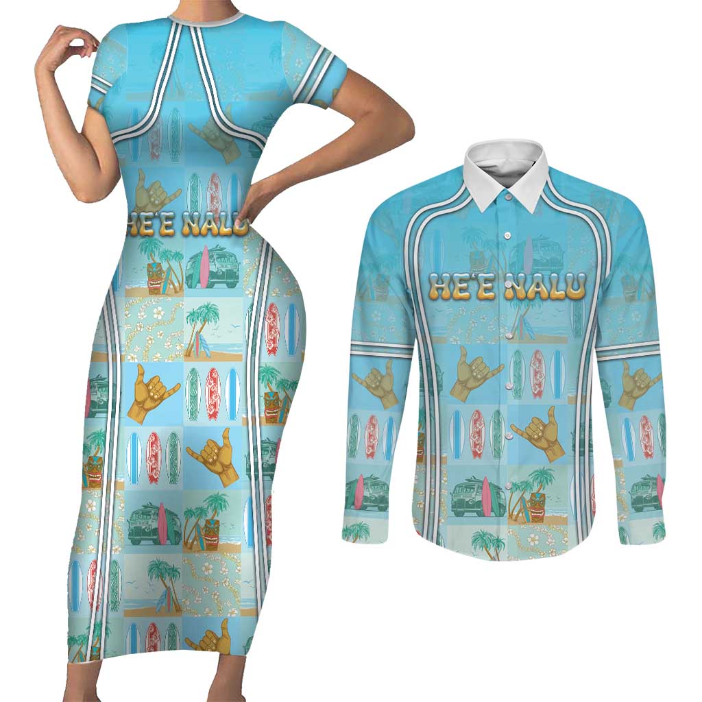 Custom Hawaii Surfing Couples Matching Short Sleeve Bodycon Dress and Long Sleeve Button Shirt He'e Nalu DT05 Blue - Polynesian Pride