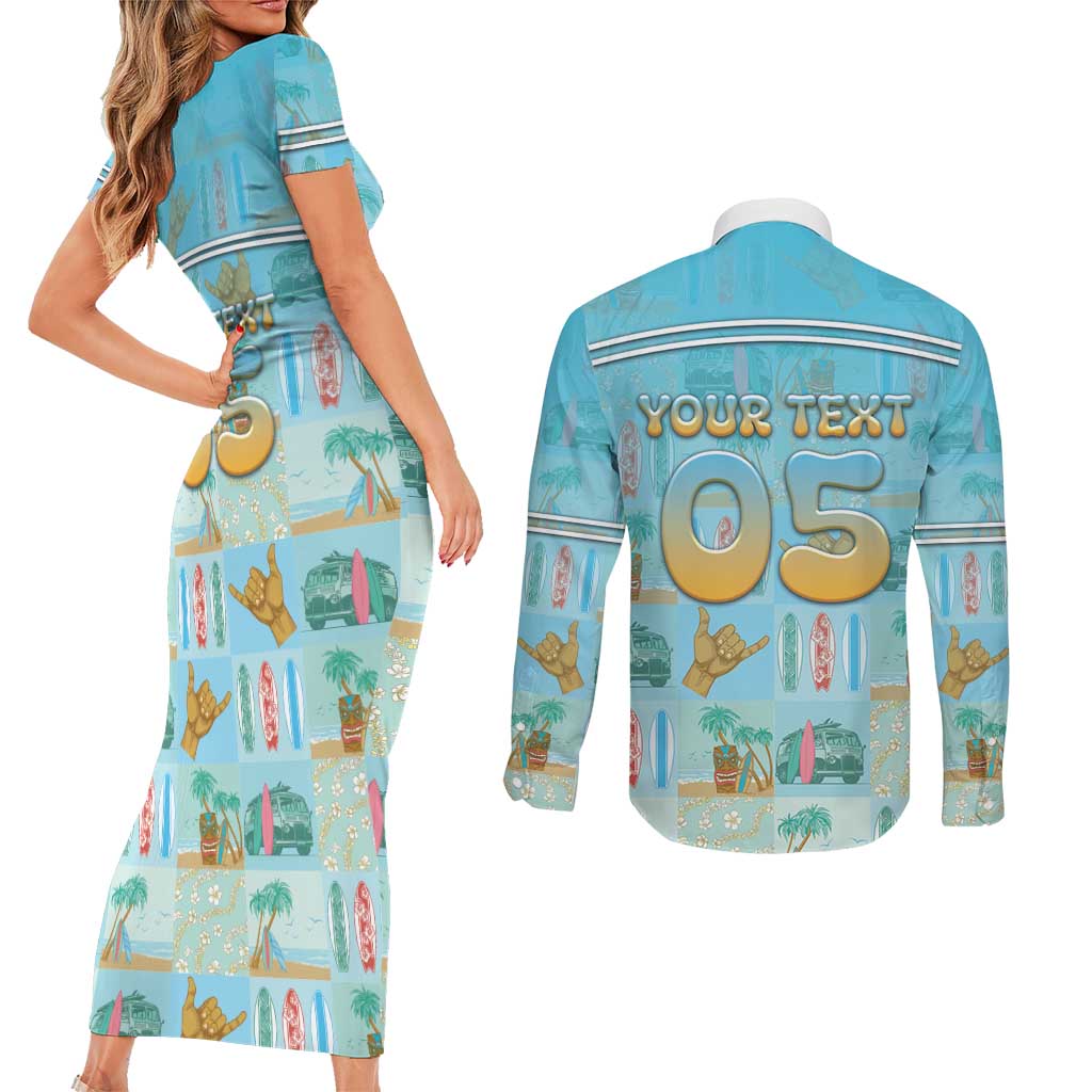 Custom Hawaii Surfing Couples Matching Short Sleeve Bodycon Dress and Long Sleeve Button Shirt He'e Nalu DT05 - Polynesian Pride