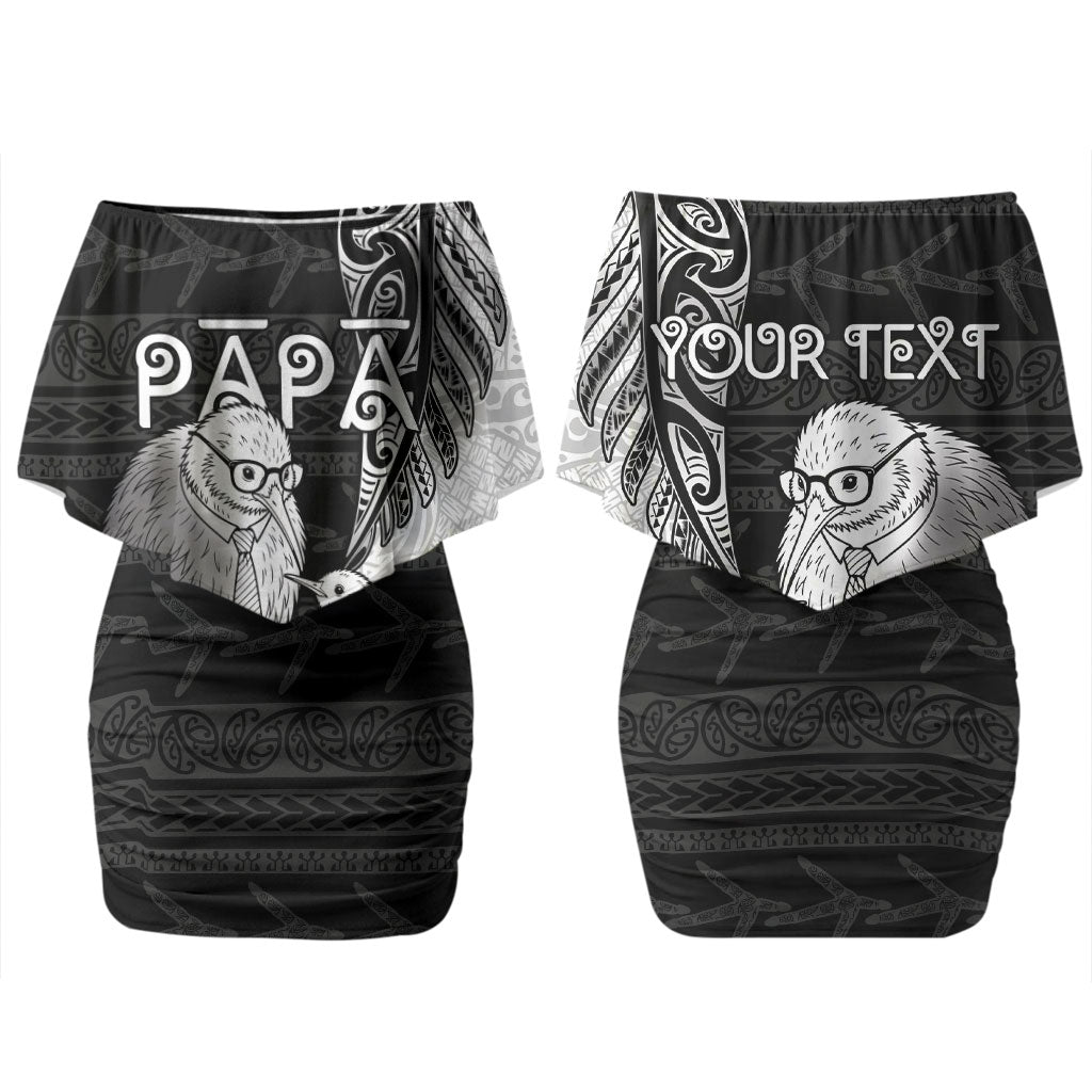 Personalised New Zealand Father's Day Couples Matching Off Shoulder Short Dress and Hawaiian Shirt Papa Kiwi Bird Tribal Pattern DT05 - Polynesian Pride