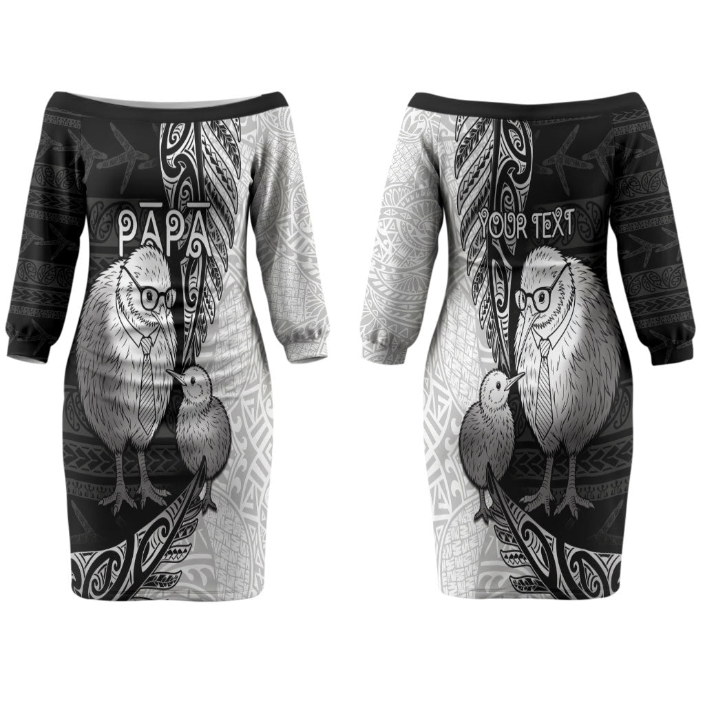 Personalised New Zealand Father's Day Couples Matching Off The Shoulder Long Sleeve Dress and Hawaiian Shirt Papa Kiwi Bird Tribal Pattern DT05 - Polynesian Pride
