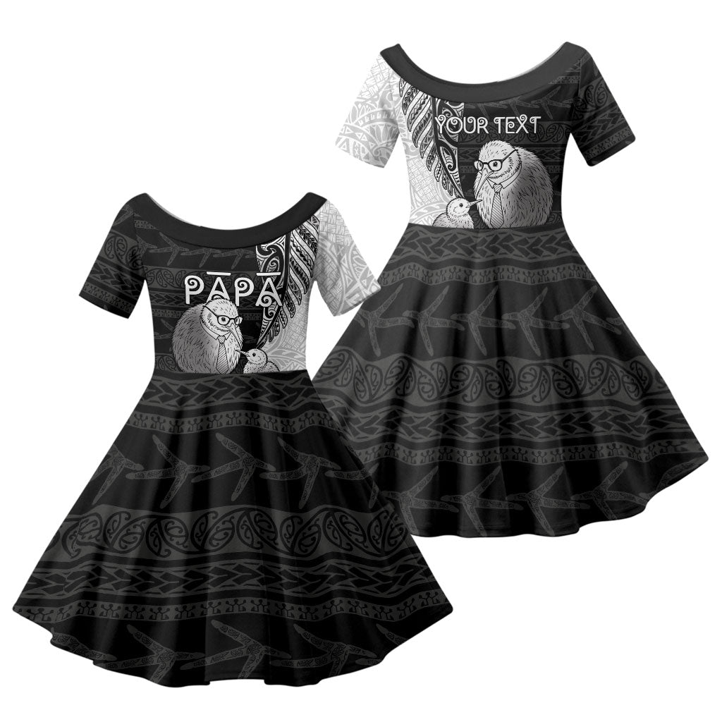 Personalised New Zealand Father's Day Family Matching Off The Shoulder Long Sleeve Dress and Hawaiian Shirt Papa Kiwi Bird Tribal Pattern DT05 Daughter's Dress Black - Polynesian Pride