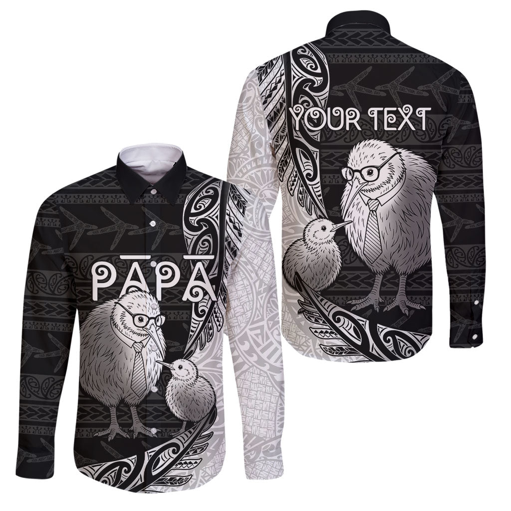 Personalised New Zealand Father's Day Family Matching Off Shoulder Short Dress and Hawaiian Shirt Papa Kiwi Bird Tribal Pattern DT05 Dad's Shirt - Long Sleeve Black - Polynesian Pride