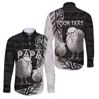 Personalised New Zealand Father's Day Family Matching Puletasi and Hawaiian Shirt Papa Kiwi Bird Tribal Pattern DT05 Dad's Shirt - Long Sleeve Black - Polynesian Pride