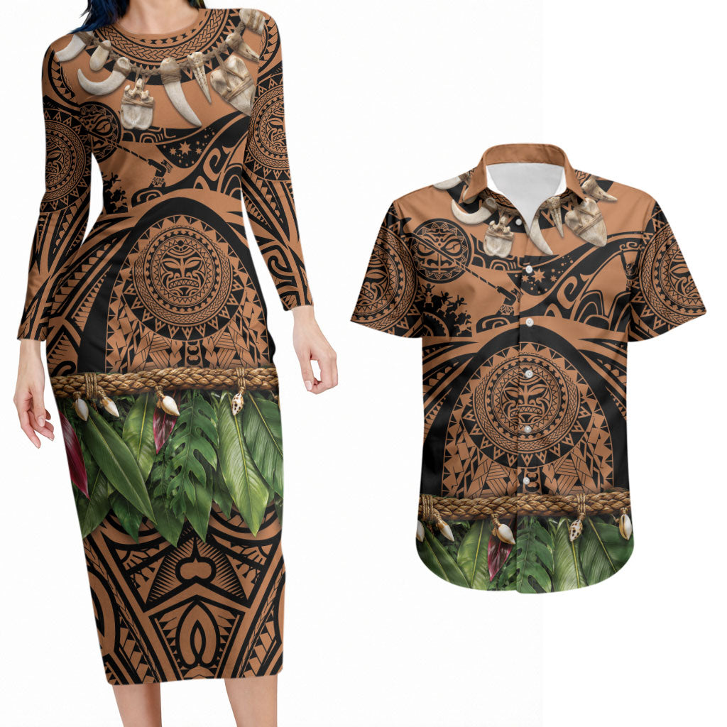 Polynesia Maui Tattoo Inspired Couples Matching Long Sleeve Bodycon Dress and Hawaiian Shirt Tropical Leaf Skirt Costume